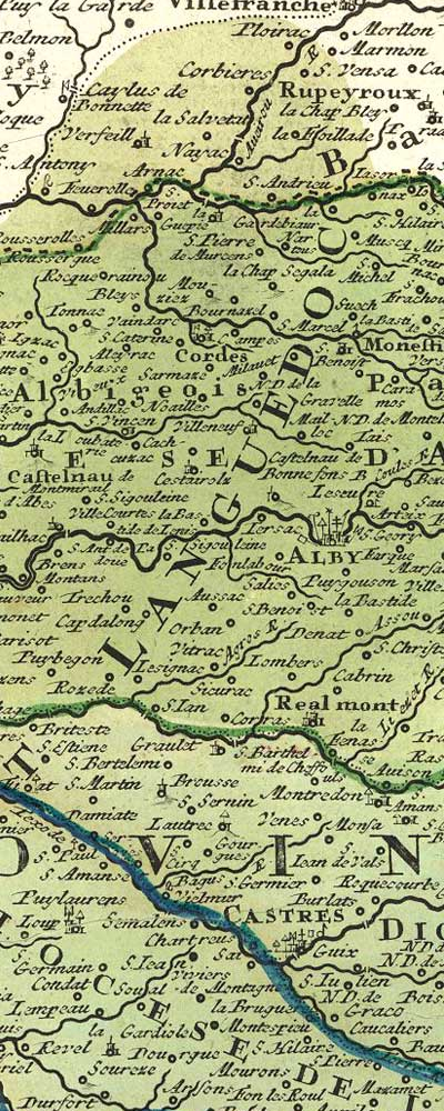 Carte ancienne du Pays d'Albi et partie du Diocèse de Castres Cordes, Albi, Réalmont, Castres
