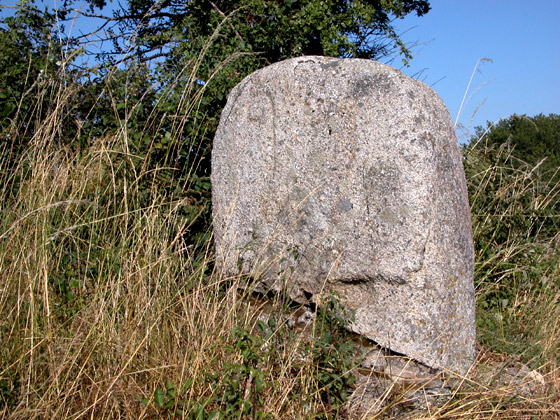 Sommet d'un ancien menhir ayant probablement servi de borne pour les limites d'une paroisse ou d'un évêché. En haut à gauche, une crosse d'évêque est sculptée