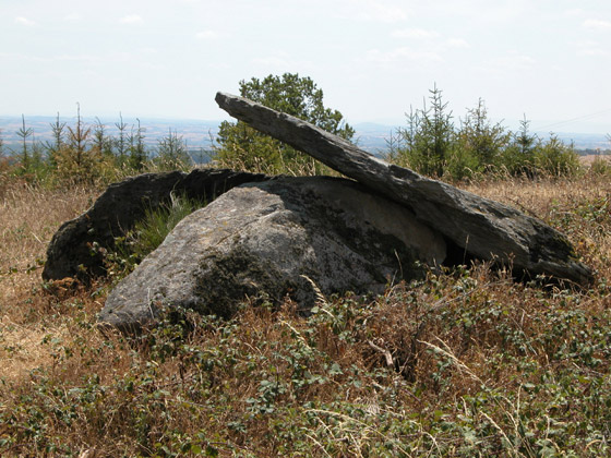 Un magnifique dolmen dont la pierre sommitale, qui s'est déplacée au fil du temps, pointe vers le ciel, avec un angle de 40°